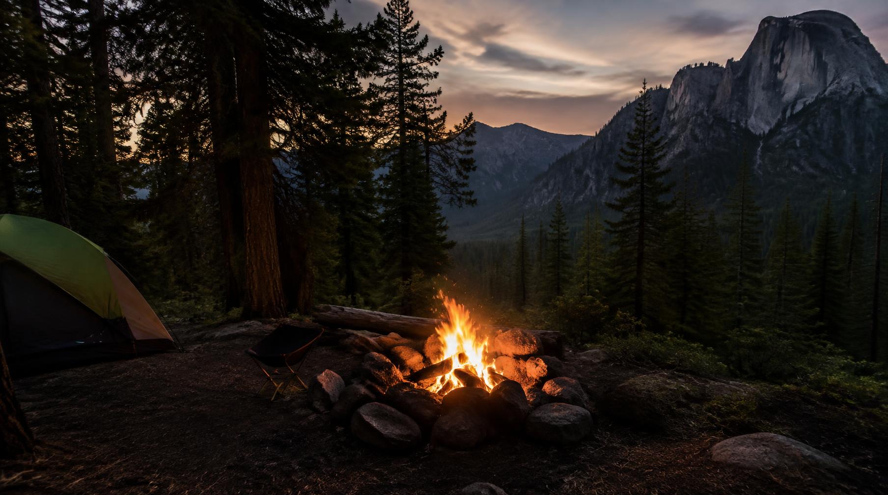 Campfire glowing at a pine-forest campsite at dusk